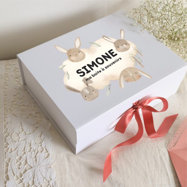 Boite souvenirs blanche personnalisée - Doux lapins – Image 2