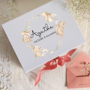 Boite souvenirs blanche personnalisée - Lapins fleuris