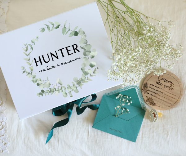 Boite souvenirs blanche personnalisée - Couronne d'eucalyptus