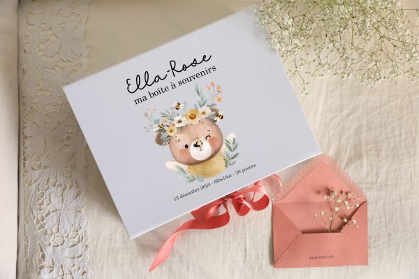Boite souvenirs blanche personnalisée - Petit ours rêveur