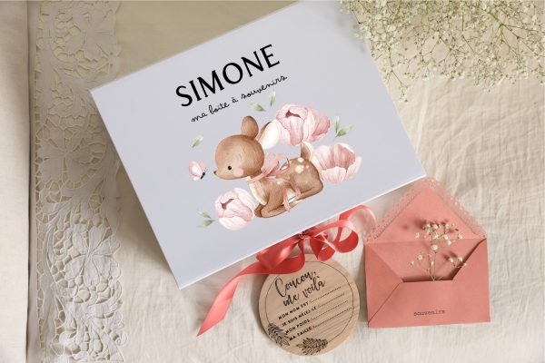 Boite souvenirs blanche personnalisée - Faon et fleurs