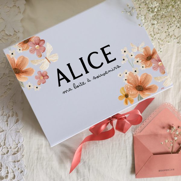 Boite souvenirs blanche personnalisée - Fleurs et papillons